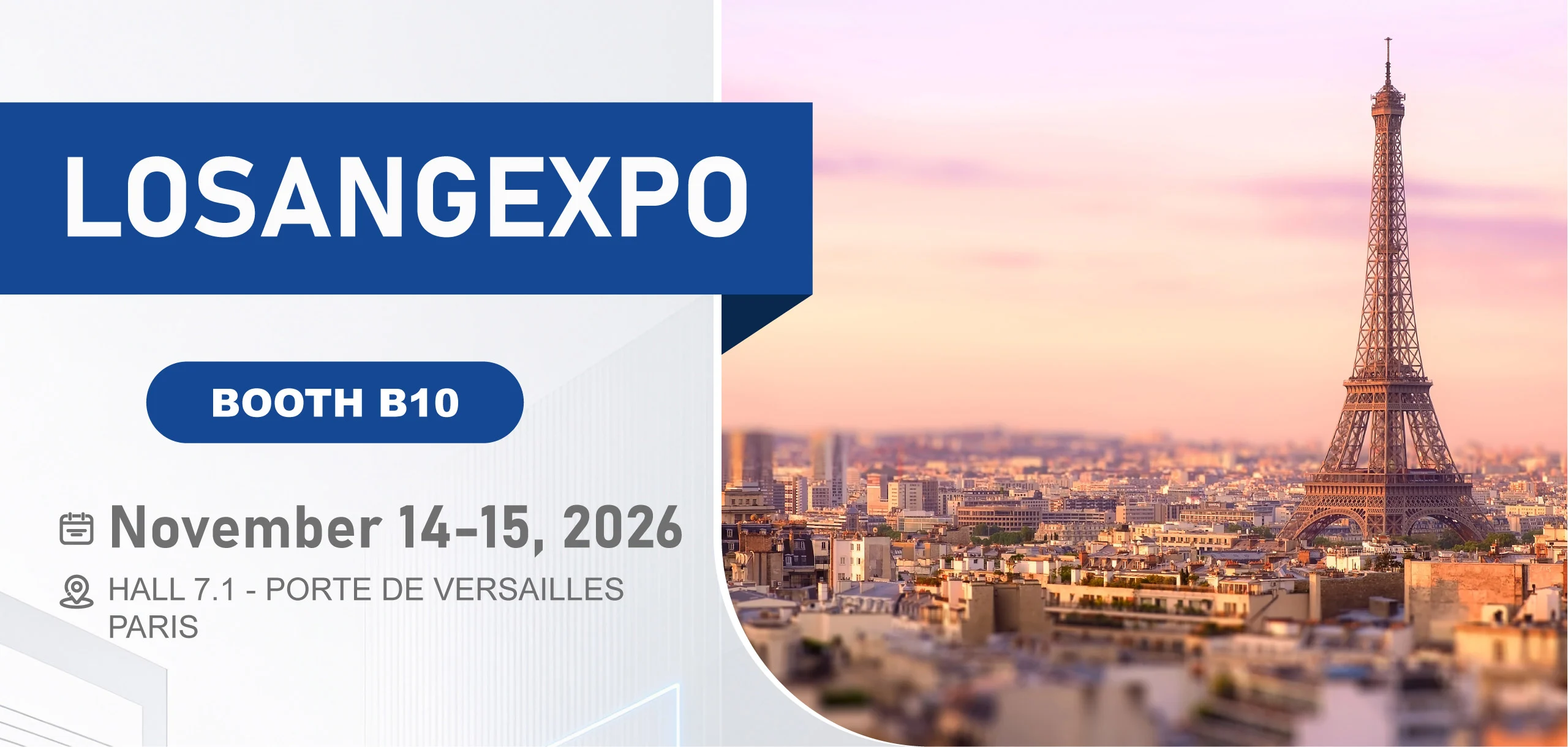 LOSANGEXPO exhibition invitation poster, Booth B10, 14-15 November 2026, Hall 7.1 Porte de Versailles Paris, Eiffel Tower background